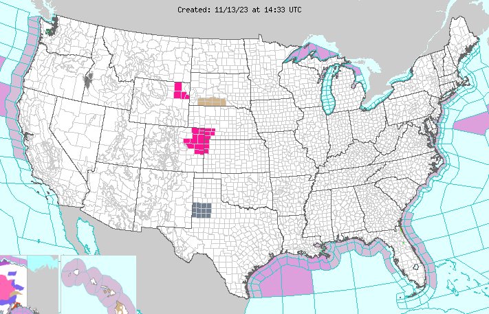 united states gridded map with volored sections over weather impacts