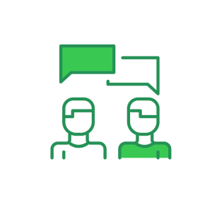 Green and white graphic depicting two human figures talking with thought bubbles