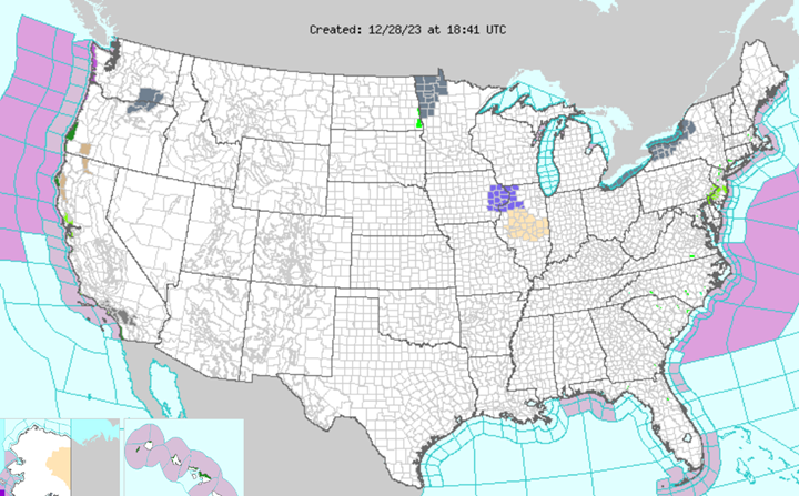 North American map highlighted with different colors to reflect weather events