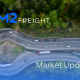 Highway centered between dense trees with cars and semi trucks driving on it and text that reads "Market Update' in the bottom right corner, and a BM2 Freight logo in the upper left corner.