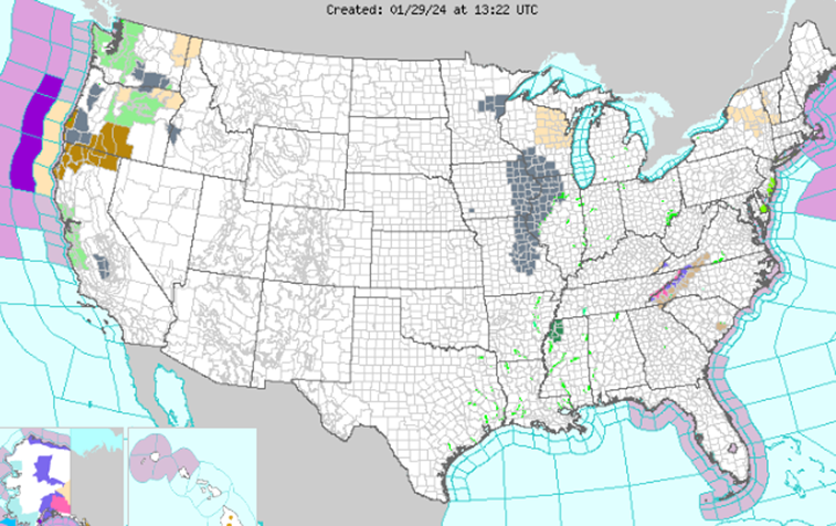 Outlined map of North America showing weather trends in certain regions